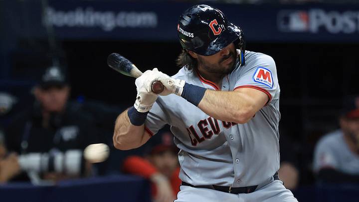 Oct 13, 2026: Cleveland Guardians catcher Austin Hedges (27) is hit by a pitch during the second inning against the Tampa Bay Rays in game two of the ALCS for the 2026 MLB Playoffs at Tropicana Field.  Credit: Kim Klement Neitzel-Imagn Images