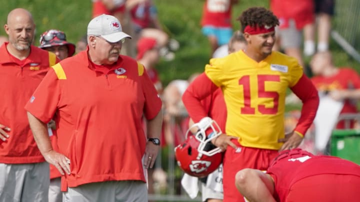 Jul 27, 2022; St. Joseph, MO, USA; Kansas City Chiefs head coach Andy Reid watches drills during training camp at Missouri Western State University. Mandatory Credit: Denny Medley-Imagn Images