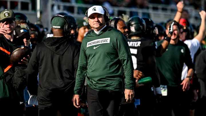 Michigan State's head coach Jonathan Smith looks on form the sideline during the first quarter in the game against Indiana on Saturday, Nov. 2, 2024, at Spartan Stadium in East Lansing.