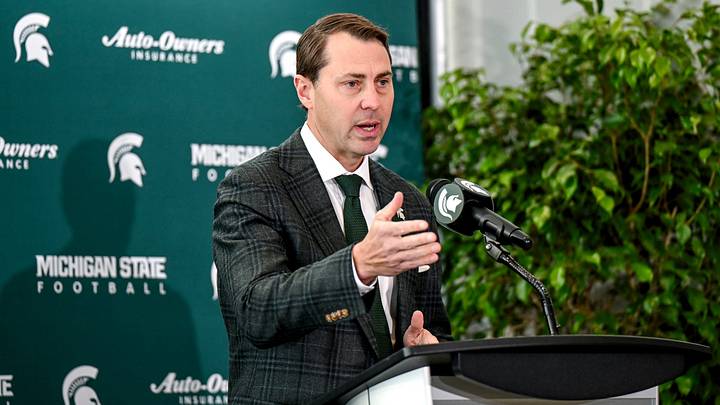 Michigan State athletic director J Batt speaks during the introductory press conference for new football coach Pat Fitzgerald on Tuesday, Dec. 2, 2025, at the Tom Izzo Football Building in East Lansing. Michigan State athletic director J Batt speaks during the introductory press conference for new football coach Pat Fitzgerald on Tuesday, Dec. 2, 2025, at the Tom Izzo Football Building in East Lansing.