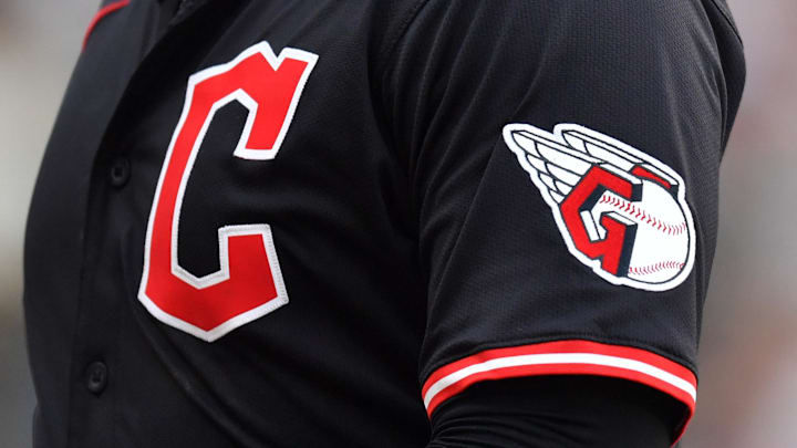 Jul 12, 2025; Chicago, Illinois, USA; A general stock view of the Cleveland Guardians logo is seen during a game against the Chicago White Sox at Rate Field. Mandatory Credit: Patrick Gorski-Imagn Images