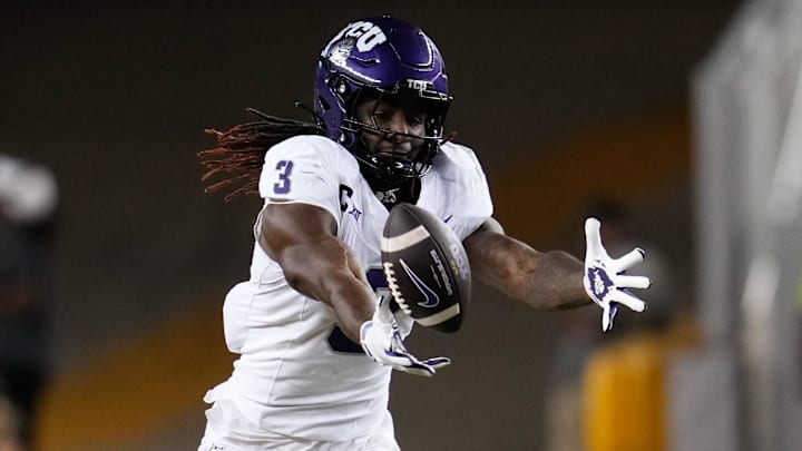 Nov 2, 2024; Waco, Texas, USA;  TCU Horned Frogs wide receiver Savion Williams (3) is unable to catch a pass against the Baylor Bears during the first half at McLane Stadium. Mandatory Credit: Chris Jones-Imagn Images