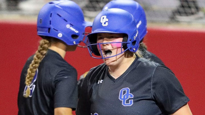 Oak Creek High School's Kennedy Christopher (20) reacts after scoring a run during a WIAA Division 1 state semifinal on Friday, June 9, 2023, at Goodman Softball Complex in Madison, Wis. Tork Mason/USA TODAY NETWORK-Wisconsin