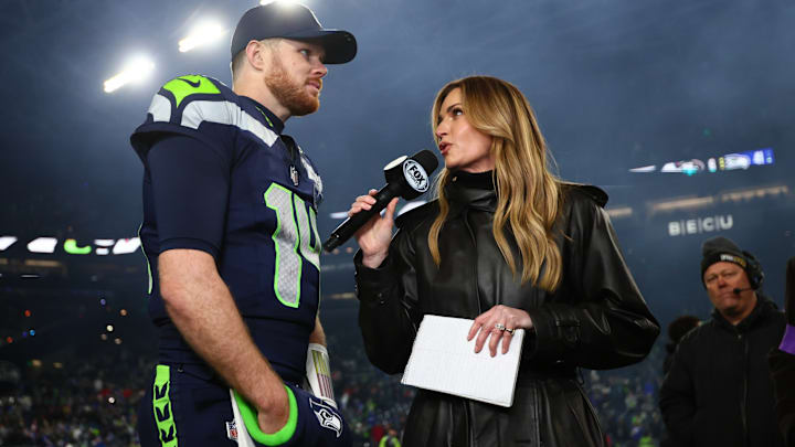 Jan 17, 2026; Seattle, WA, USA; Seattle Seahawks quarterback Sam Darnold (14) is interview by Fox Sports Erin Andrews following an NFC Divisional Round game against the San Francisco 49ers at Lumen Field. 