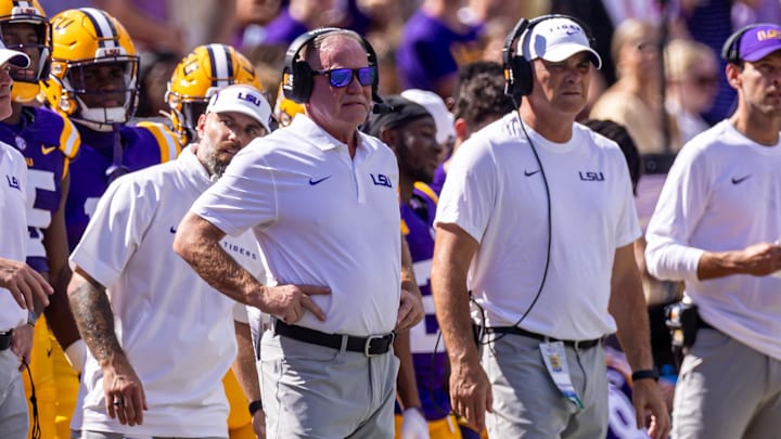 Sep 21, 2024; Baton Rouge, Louisiana, USA;  LSU Tigers head coach Brian Kelly looks on during the first half against the UCLA Bruins at Tiger Stadium. Mandatory Credit: Stephen Lew-Imagn Images