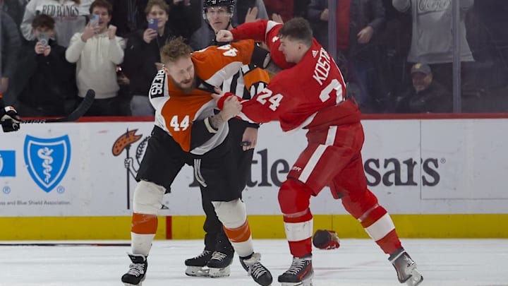 Jan 25, 2024; Detroit, Michigan, USA;  Philadelphia Flyers left wing Nicolas Deslauriers (44) and