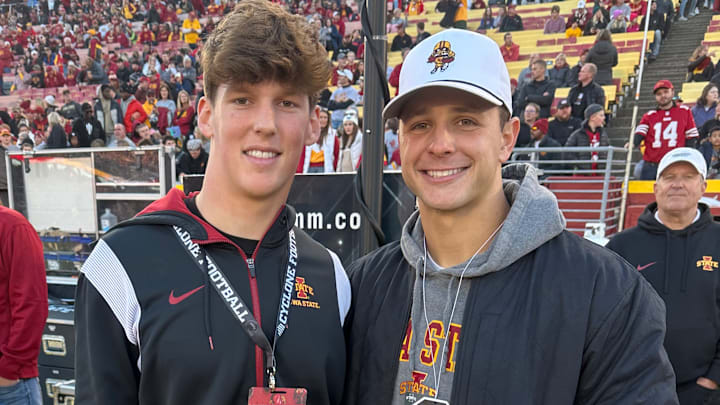 Algona's All-State quarterback Alex Manske (left), an Iowa State commit, got a chance to spend a few minutes with San Francisco 49ers quarterback and Iowa State alum Brock Purdy, at a Cyclones game last year.