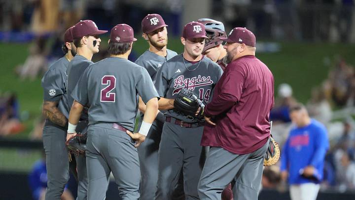 Texas A&M has a mound conference during an NCAA baseball game against Florida at Condron Family Ballpark at Alfred A. McKethan Field in Gainesville, FL on Friday, April 24, 2026. [Alan Youngblood/Gainesville Sun]