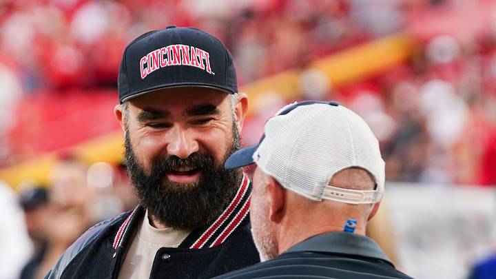 Jason Kelce appears at the Kansas City Classic season opening game between the Cincinnati Bearcats and Nebraska Cornhuskers, Aug. 28, 2025, at Arrowhead Stadium in Kansas City, Mo.