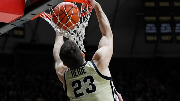 Purdue Boilermakers forward Camden Heide (23) dunks the ball on alley oop pass Purdue Boilermakers forward Camden Heide (23) dunks the ball on alley oop pass