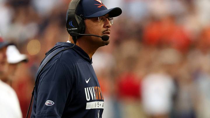 Sep 26, 2026; Charlottesville, Virginia, USA; Virginia Cavaliers head coach Tony Elliott looks on from the sidelines against the Delaware Blue Hens during the first half at Scott Stadium. Mandatory Credit: Geoff Burke-Imagn Images