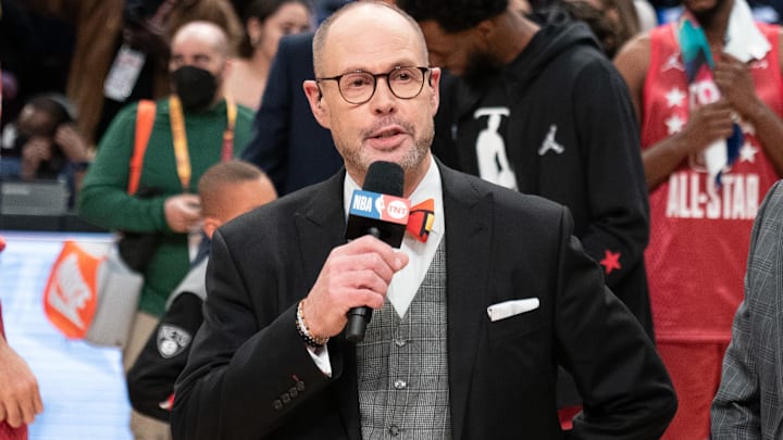 February 20, 2022; Cleveland, Ohio, USA; TNT broadcaster Ernie Johnson Jr. after the 2022 NBA All-Star Game at Rocket Mortgage FieldHouse. Mandatory Credit: Kyle Terada-Imagn Images