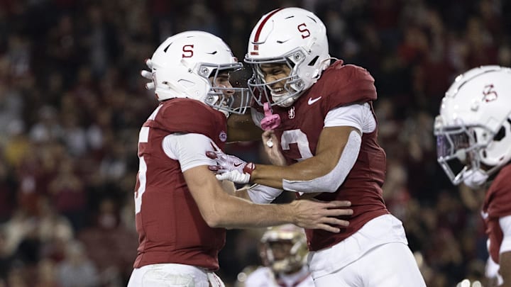 Oct 18, 2025; Stanford, California, USA; Stanford Cardinal wide receiver CJ Williams (3) celebrates with quarterback Ben Gulbranson (15) after scoring a touchdown during the second quarter against the Florida State Seminoles at Stanford Stadium. Mandatory Credit: Stan Szeto-Imagn Images Oct 18, 2025; Stanford, California, USA; Stanford Cardinal wide receiver CJ Williams (3) celebrates with quarterback Ben Gulbranson (15) after scoring a touchdown during the second quarter against the Florida State Seminoles at Stanford Stadium. Mandatory Credit: Stan Szeto-Imagn Images