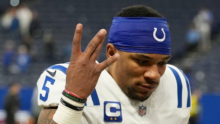 Indianapolis Colts quarterback Anthony Richardson (5) celebrates as he leaves the field Sunday, Dec. 22, 2024, after winning a game against the Tennessee Titans at Lucas Oil Stadium in Indianapolis.