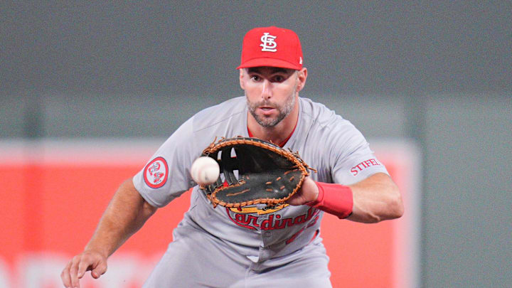 Aug 23, 2024; Minneapolis, Minnesota, USA; St. Louis Cardinals first base Paul Goldschmidt (46) fields a ground ball against the Minnesota Twins in the sixth inning at Target Field. Mandatory Credit: Brad Rempel-Imagn Images