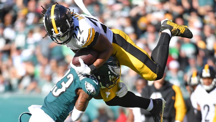 Oct 30, 2022; Philadelphia, Pennsylvania, USA; Pittsburgh Steelers running back Najee Harris (22) is tackled by Philadelphia Eagles safety C.J. Gardner-Johnson (23) during the third quarter at Lincoln Financial Field. Mandatory Credit: Eric Hartline-Imagn Images