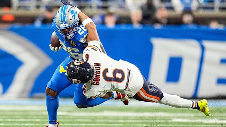 Kyler Gordon tries to drag down Lions running back Jahmyr Gibbs during the 23-20 Lions win on Thanksgiving. Kyler Gordon tries to drag down Lions running back Jahmyr Gibbs during the 23-20 Lions win on Thanksgiving.