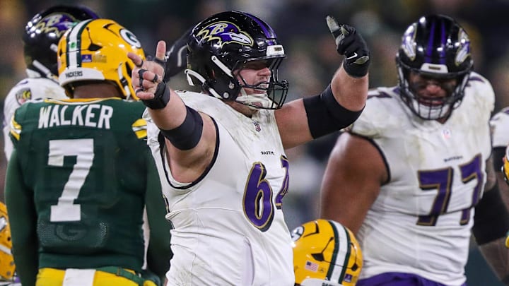 Baltimore Ravens center Tyler Linderbaum (64) reacts after a defensive penalty against the Green Bay Packers gives the Ravens a first down on Saturday, December 27, 2025, at Lambeau Field in Green Bay, Wis. The Ravens won the game, 41-24.
Tork Mason/USA TODAY NETWORK-Wisconsin