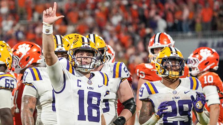 Louisiana State University quarterback Garrett Nussmeier (18) reacts after the last snap and play after LSU beat Clemson 17-10 at Memorial Stadium in Clemson, S.C. Saturday, August 30, 2025.