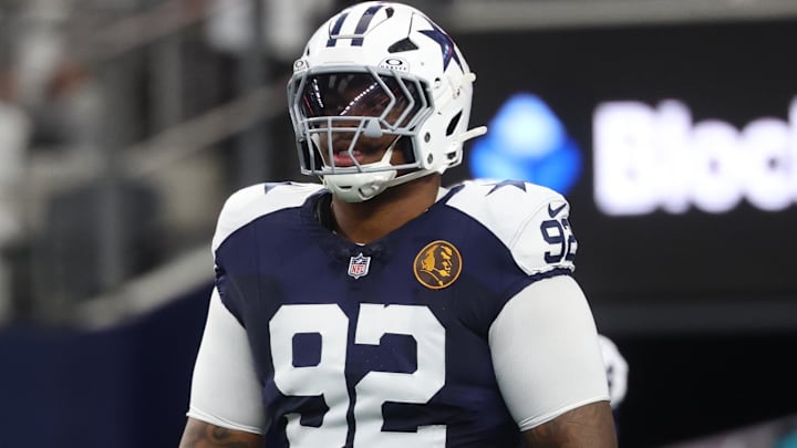 Nov 27, 2025; Arlington, Texas, USA; Dallas Cowboys defensive tackle Quinnen Williams (92) warms up prior to the game against the Kansas City Chiefs at AT&T Stadium. Nov 27, 2025; Arlington, Texas, USA; Dallas Cowboys defensive tackle Quinnen Williams (92) warms up prior to the game against the Kansas City Chiefs at AT&T Stadium.