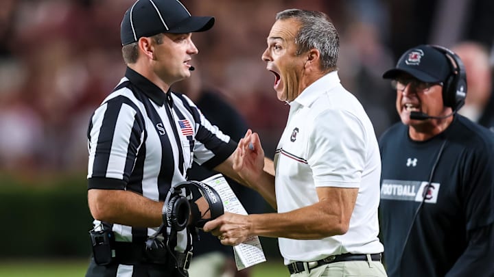 Sep 13, 2025; Columbia, South Carolina, USA; South Carolina Gamecocks head coach Shane Beamer reacts to the play that knocked out his QB quarterback LaNorris Sellers (16) against the Vanderbilt Commodores in the second quarter at Williams-Brice Stadium. Mandatory Credit: Jeff Blake-Imagn Images