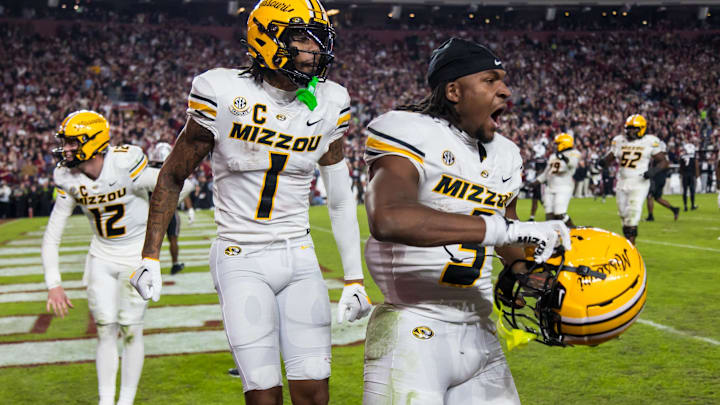 Nov 16, 2024; Columbia, South Carolina, USA; Missouri Tigers wide receiver Luther Burden III (3) celebrates a touchdowns in the fourth quarter against the South Carolina Gamecocks at Williams-Brice Stadium. Mandatory Credit: Jeff Blake-Imagn Images Nov 16, 2024; Columbia, South Carolina, USA; Missouri Tigers wide receiver Luther Burden III (3) celebrates a touchdowns in the fourth quarter against the South Carolina Gamecocks at Williams-Brice Stadium. Mandatory Credit: Jeff Blake-Imagn Images