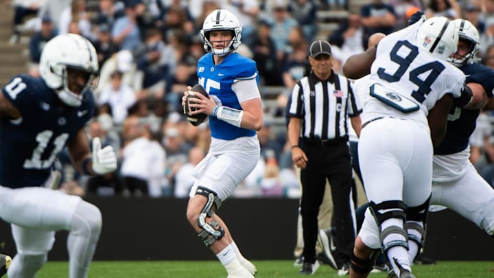 Penn State quarterback Drew Allar looks to throw during the Blue-White Game at Beaver Stadium.