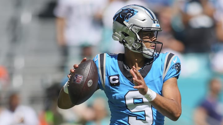 Oct 15, 2023; Miami Gardens, Florida, USA; Carolina Panthers quarterback Bryce Young (9) looks for a