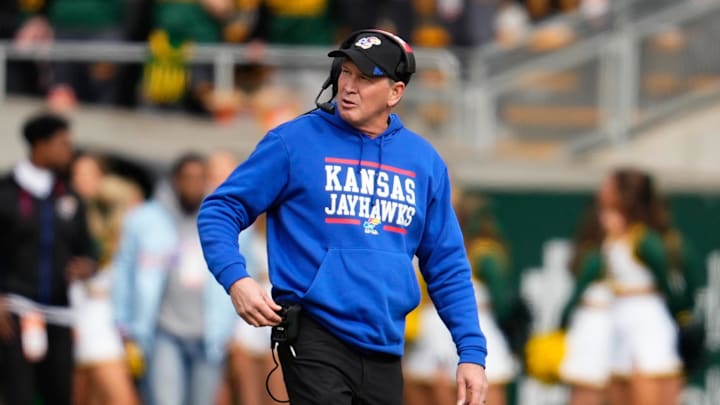 Nov 30, 2024; Waco, Texas, USA;  Kansas Jayhawks head coach Lance Leipold reacts during the first half against the Baylor Bears at McLane Stadium. Mandatory Credit: Chris Jones-Imagn Images