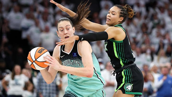 Oct 16, 2024; Minneapolis, Minnesota, USA; Minnesota Lynx forward Napheesa Collier (24) defends against New York Liberty forward Breanna Stewart (30) during the second half of game three of the 2024 WNBA Finals at Target Center. Mandatory Credit: Matt Krohn-Imagn Images