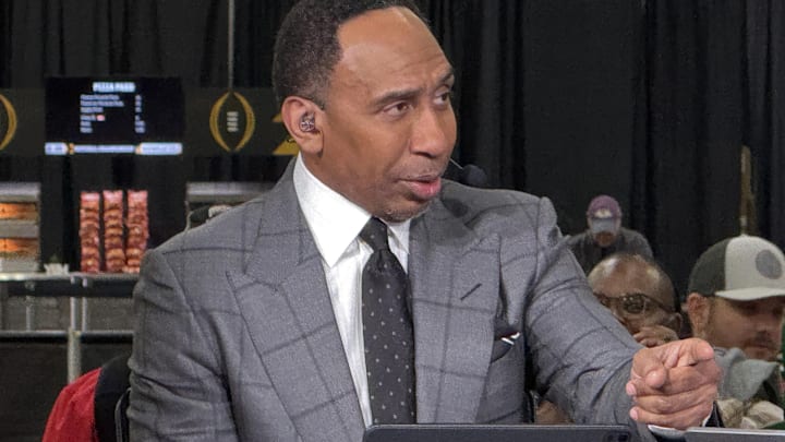 Jan 20, 2025; Atlanta, GA, USA; ESPN personality Stephen A. Smith on the ESPN First Take set at the CFP Fan Central at the George World Congress Center.