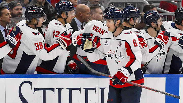 Nov 9, 2024; St. Louis, Missouri, USA;  Washington Capitals defenseman Jakob Chychrun (6) is congratulated by teammates after scoring against the St. Louis Blues during the second period at Enterprise Center. Mandatory Credit: Jeff Curry-Imagn Images