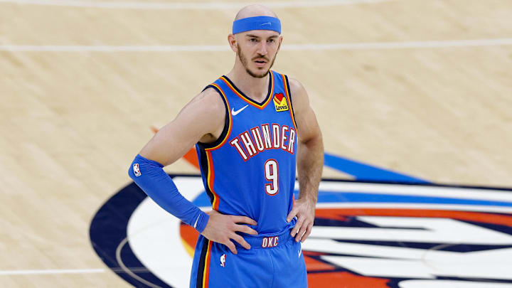 Jun 8, 2025; Oklahoma City, Oklahoma, USA; Oklahoma City Thunder guard Alex Caruso (9) looks on during the third quarter against the Indiana Pacers in game two of the 2025 NBA Finals at Paycom Center. Mandatory Credit: Alonzo Adams-Imagn Images