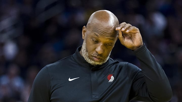 Oct 8, 2025; San Francisco, California, USA; Portland Trail Blazers Head Coach Chauncey Billups reacts during a time-out in the second quarter against the Golden State Warriors at Chase Center. Oct 8, 2025; San Francisco, California, USA; Portland Trail Blazers Head Coach Chauncey Billups reacts during a time-out in the second quarter against the Golden State Warriors at Chase Center.