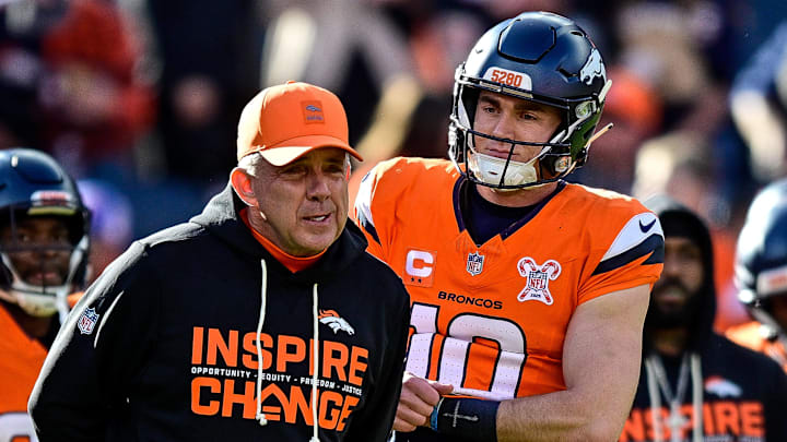 DENVER, CO - DECEMBER 21: Denver Broncos head coach Sean Payton and quarterback Bo Nix (10) have a word before a game between the Jacksonville Jaguars and the Denver Broncos at Empower Field at Mile High on December 21, 2025 in Denver, Colorado. DENVER, CO - DECEMBER 21: Denver Broncos head coach Sean Payton and quarterback Bo Nix (10) have a word before a game between the Jacksonville Jaguars and the Denver Broncos at Empower Field at Mile High on December 21, 2025 in Denver, Colorado.