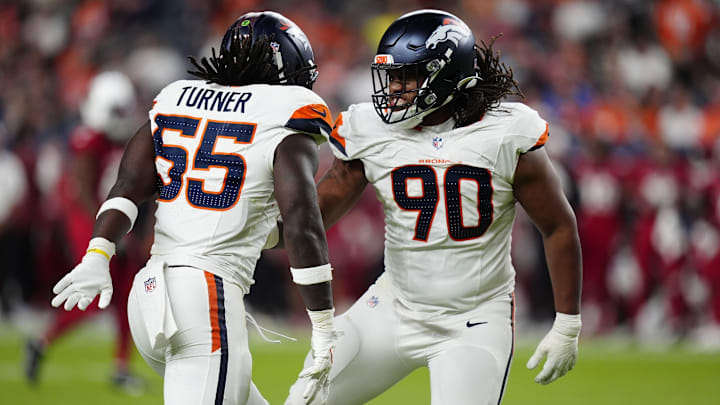 Aug 16, 2025; Denver, Colorado, USA; Denver Broncos linebacker Jordan Turner (55) celebrates his sack with defensive tackle Jordan Miller (90) in the second half against the Arizona Cardinals at Empower Field at Mile High. Aug 16, 2025; Denver, Colorado, USA; Denver Broncos linebacker Jordan Turner (55) celebrates his sack with defensive tackle Jordan Miller (90) in the second half against the Arizona Cardinals at Empower Field at Mile High.