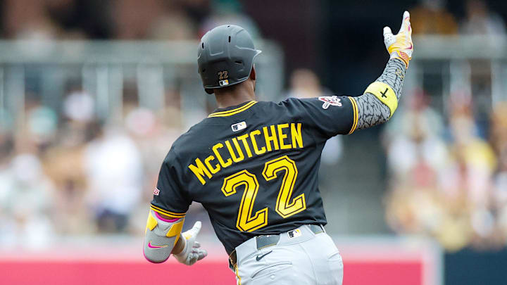 Jun 1, 2025; San Diego, California, USA; Pittsburgh Pirates designated hitter Andrew McCutchen (22) celebrates after hitting a two run home run during the third inning against the San Diego Padres at Petco Park. Mandatory Credit: David Frerker-Imagn Images