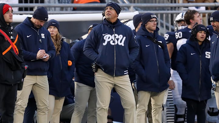 Penn State football coach James Franklin looks on from the sideline during the first quarter against the Maryland Terrapins at Beaver Stadium. 