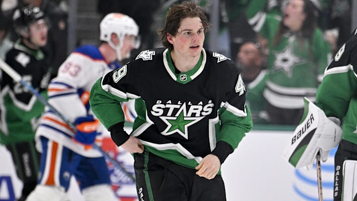 Mar 12, 2026; Dallas, Texas, USA; Dallas Stars center Justin Hryckowian (49) skates off the ice after fighting Edmonton Oilers center Connor McDavid (not pictured) during the second period at the American Airlines Center. Mandatory Credit: Jerome Miron-Imagn Images Mar 12, 2026; Dallas, Texas, USA; Dallas Stars center Justin Hryckowian (49) skates off the ice after fighting Edmonton Oilers center Connor McDavid (not pictured) during the second period at the American Airlines Center. Mandatory Credit: Jerome Miron-Imagn Images