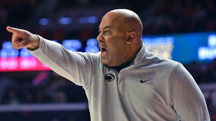 Penn State Nittany Lions head coach Micah Shrewsberry calls out an assignment from the sidelines.