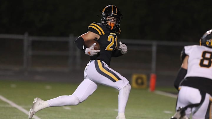Newbury Park's Shane Rosenthal is in the clear to finish a touchdown reception against Ventura during the first quarter of their CIF-SS Division 5 first-round playoff game on Friday, Nov. 3, 2023, at Newbury Park High. The Panthers won 42-30.