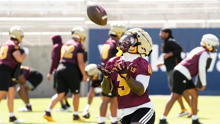 Arizona State running back Raleek Brown during the final football practice before leaving for Camp Tontozona at Sun Devil Stadium in Tempe, Ariz., on Aug 5, 2025. Arizona State running back Raleek Brown during the final football practice before leaving for Camp Tontozona at Sun Devil Stadium in Tempe, Ariz., on Aug 5, 2025.