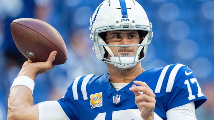 Indianapolis Colts quarterback Daniel Jones (17) warms up Sunday, Oct. 12, 2025, ahead of the game against the Arizona Cardinals at Lucas Oil Stadium in Indianapolis. Indianapolis Colts quarterback Daniel Jones (17) warms up Sunday, Oct. 12, 2025, ahead of the game against the Arizona Cardinals at Lucas Oil Stadium in Indianapolis.