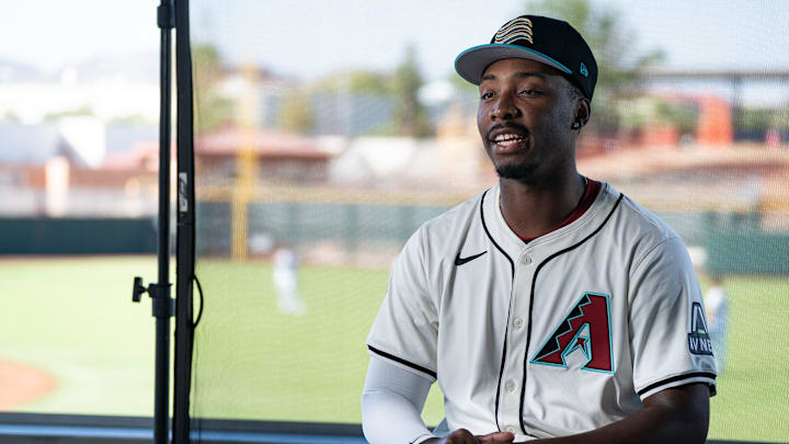 Gino Groover gives an interview during the Arizona Fall League media day at Scottsdale Stadium on Oct. 4, 2024, in Scottsdale, Arizona.