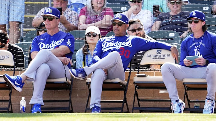 Los Angeles Dodgers manager Dave Roberts (30) watches the action against the Arizona Diamondbacks in the first inning on Feb. 25, 2026, at Salt River Fields in Scottsdale.