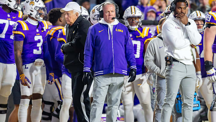 Tigers head coach Brian Kelly on the sideline as the LSU Tigers take on the Oklahoma Sooners. Nov 30, 2024; Baton Rouge, Louisiana, USA; at Tiger Stadium.