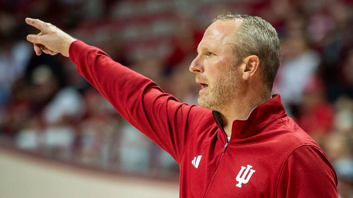 Indiana Head Coach Darian DeVries during the Indiana versus Marian men's basketball game at Simon Skjodt Assembly Hall on Friday, Oc.t. 17, 2025.
