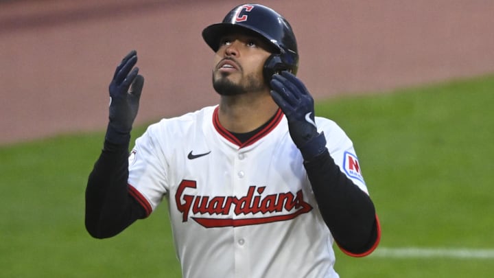 Apr 12, 2025; Cleveland, Ohio, USA; Cleveland Guardians second baseman Gabriel Arias (13) celebrates his solo home run in the sixth inning against the Kansas City Royals at Progressive Field. Mandatory Credit: David Richard-Imagn Images