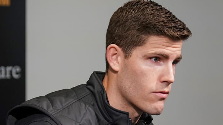 Jan 7, 2023; Columbia, Missouri, USA; Missouri Tigers football team new offensive coordinator/quarterbacks coach Kirby Moore answers questions from reporters before the basketball game against the Vanderbilt Commodores Mizzou Arena. Mandatory Credit: Denny Medley-Imagn Images Jan 7, 2023; Columbia, Missouri, USA; Missouri Tigers football team new offensive coordinator/quarterbacks coach Kirby Moore answers questions from reporters before the basketball game against the Vanderbilt Commodores Mizzou Arena. Mandatory Credit: Denny Medley-Imagn Images