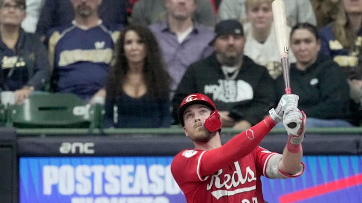 Cincinnati Reds catcher Tyler Stephenson (37) hits a sacrifice fly during the sixth inning of their game against the Milwaukee Brewers Friday, September 26, 2025 at American Family Field in Milwaukee, Wisconsin.